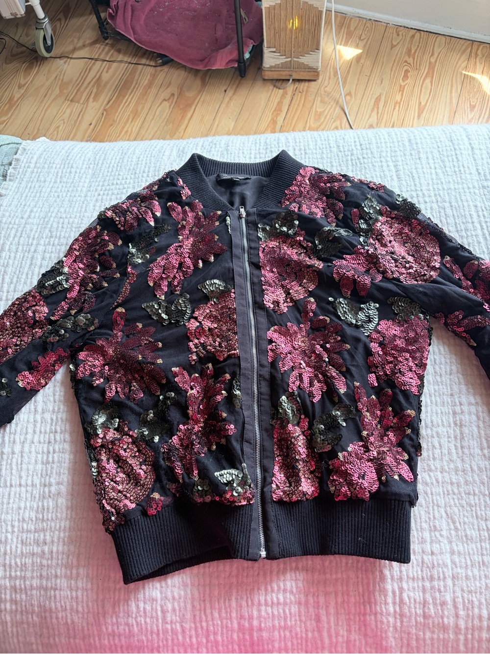 the clothing company Black Sequin Floral Bomber Jacket with Pink Embroidery